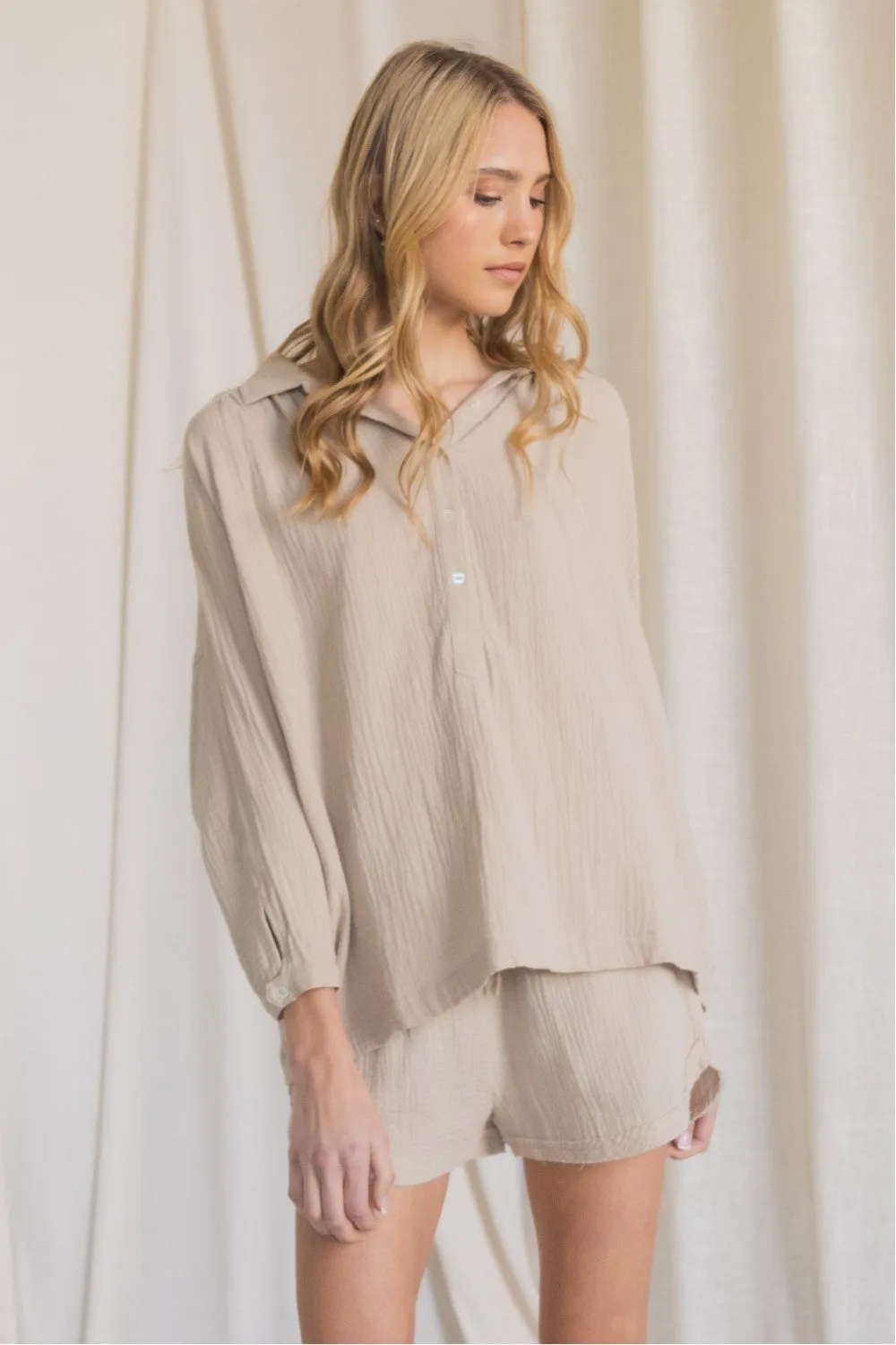 Henley-inspired Gauze Dolman Sleeve Collared Top with Buttoned Neckline