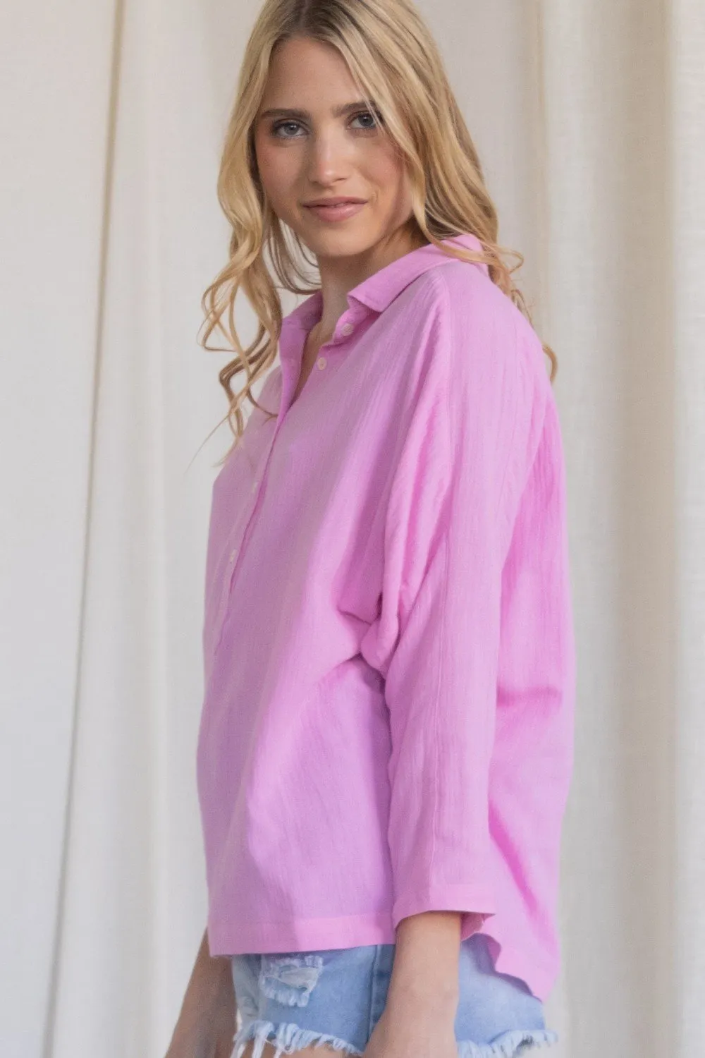 Henley-inspired Gauze Dolman Sleeve Collared Top with Buttoned Neckline