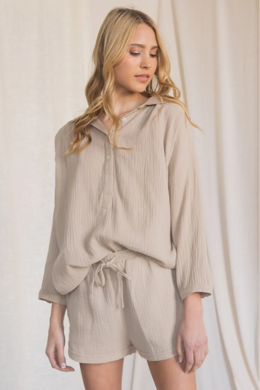 Henley-inspired Gauze Dolman Sleeve Collared Top with Buttoned Neckline