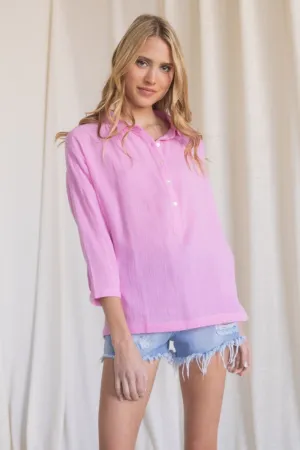 Henley-inspired Gauze Dolman Sleeve Collared Top with Buttoned Neckline