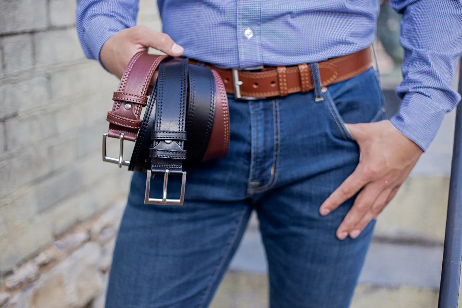 Italian Leather Casual Jeans Belt, Double Stitched, 1-1/2" wide