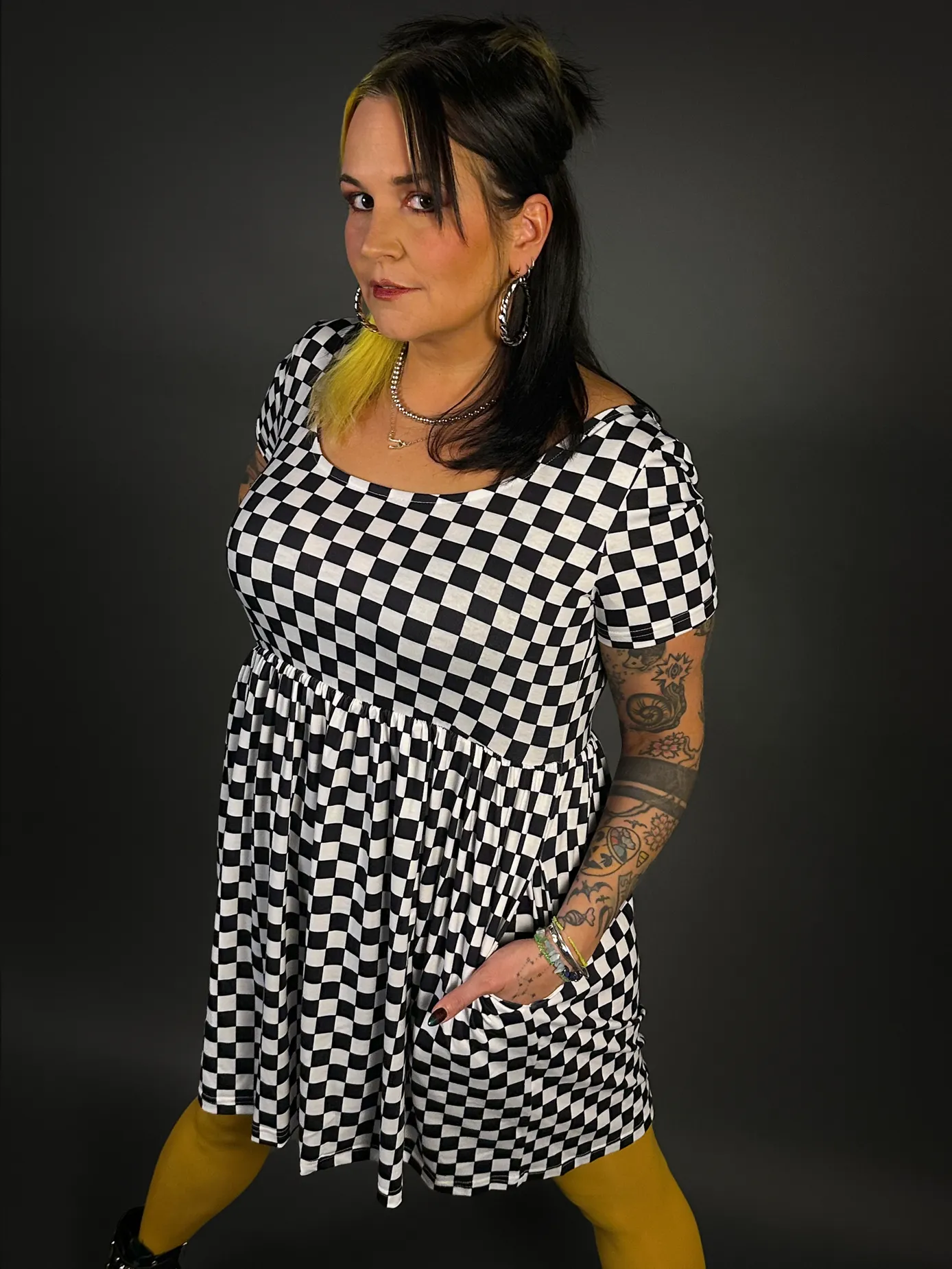 Outfit Set - Tommyrot Checkered Short Sleeve Skater Dress & Mustard Tights by Pamela Mann