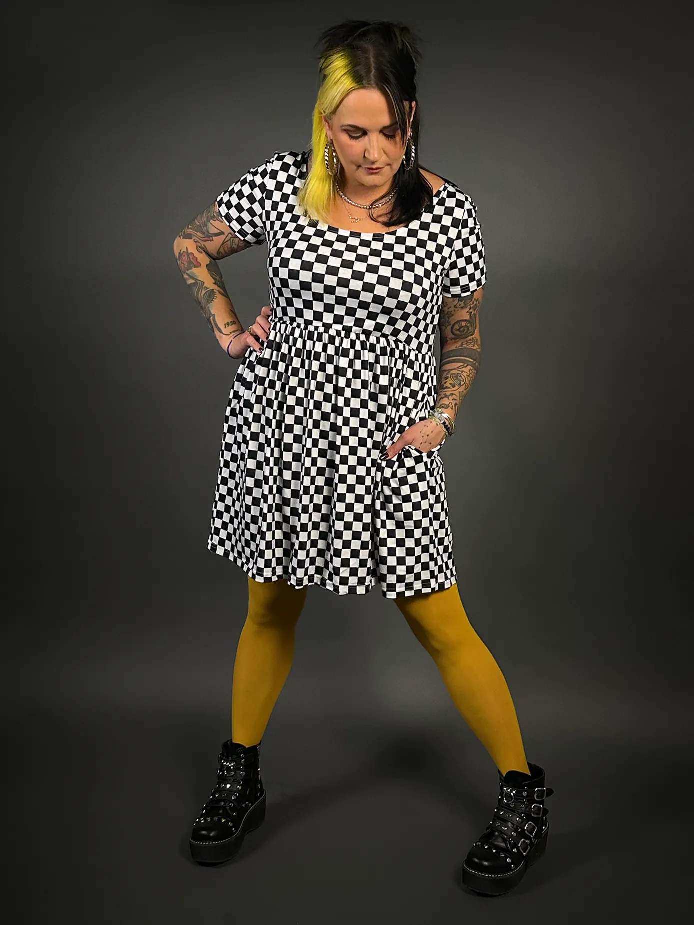 Outfit Set - Tommyrot Checkered Short Sleeve Skater Dress & Mustard Tights by Pamela Mann