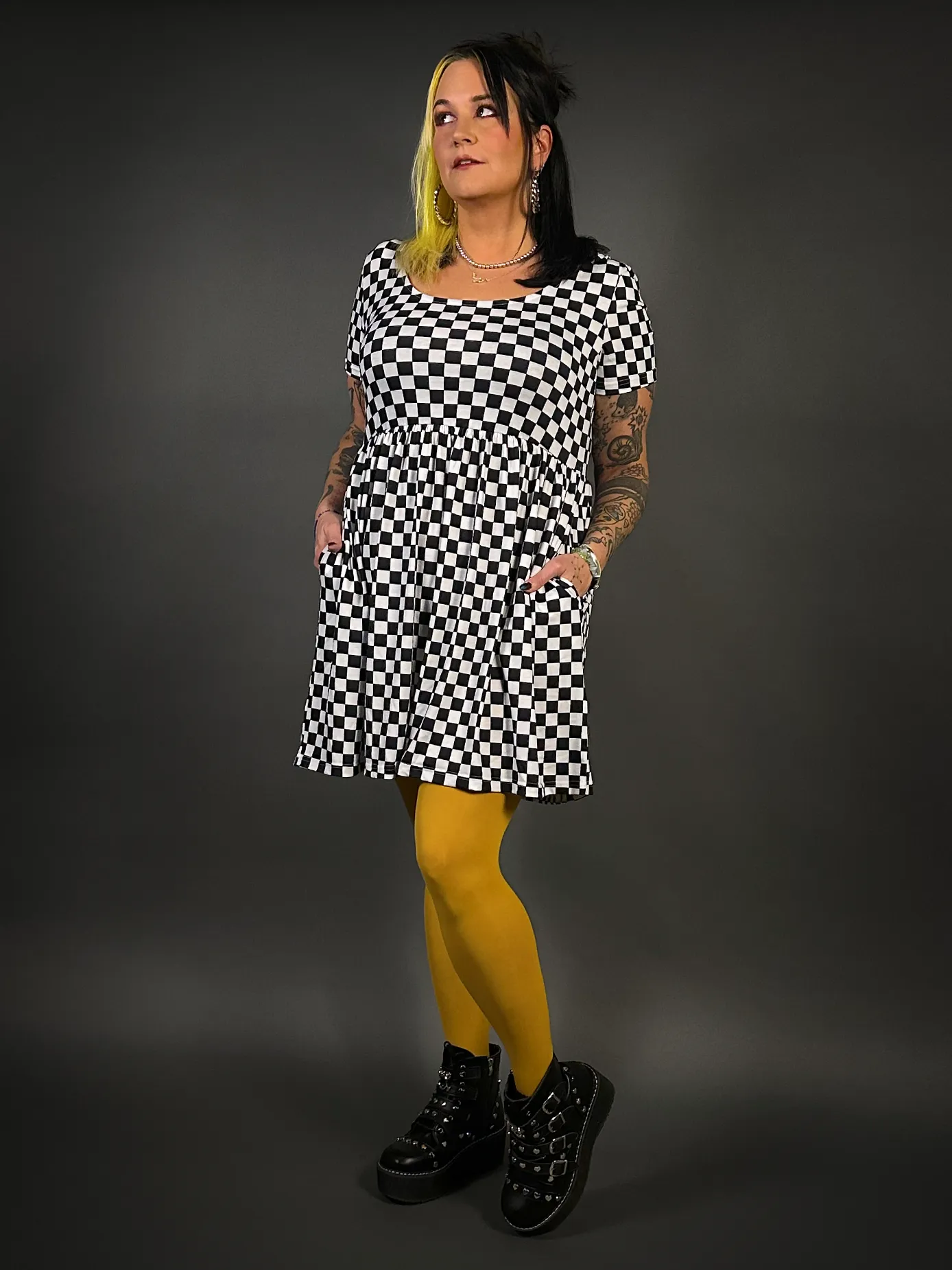 Outfit Set - Tommyrot Checkered Short Sleeve Skater Dress & Mustard Tights by Pamela Mann