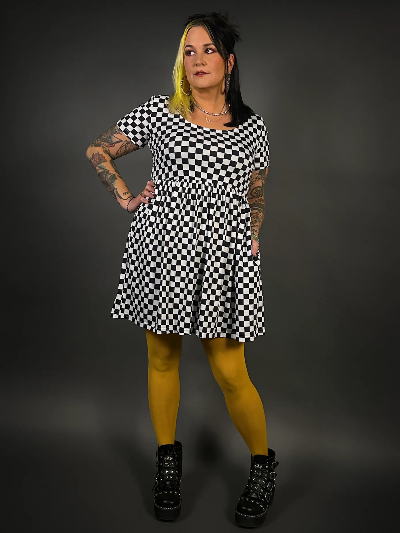 Outfit Set - Tommyrot Checkered Short Sleeve Skater Dress & Mustard Tights by Pamela Mann