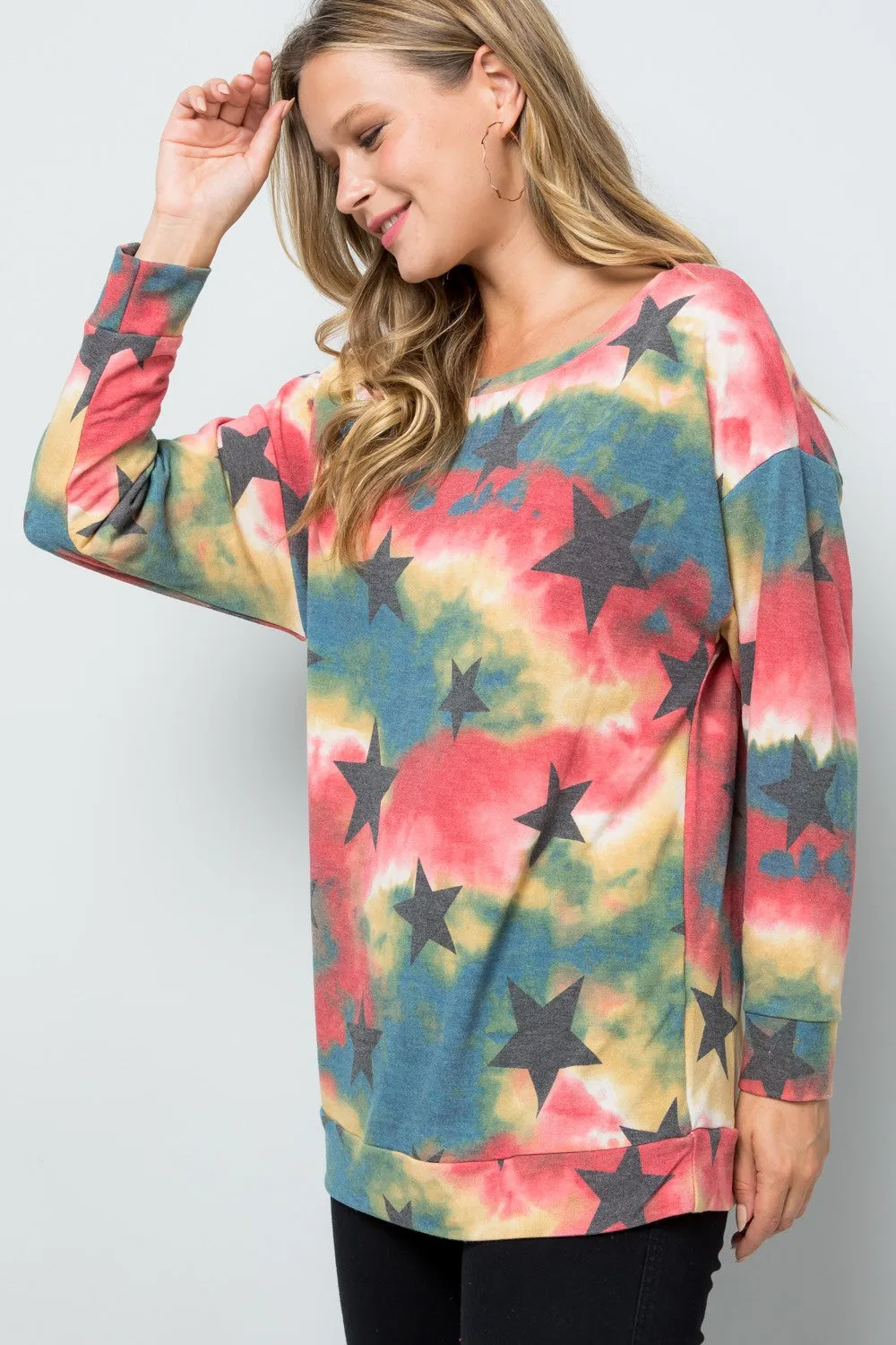 Tie-Dye Star Round Neck Long Sleeve T-Shirt