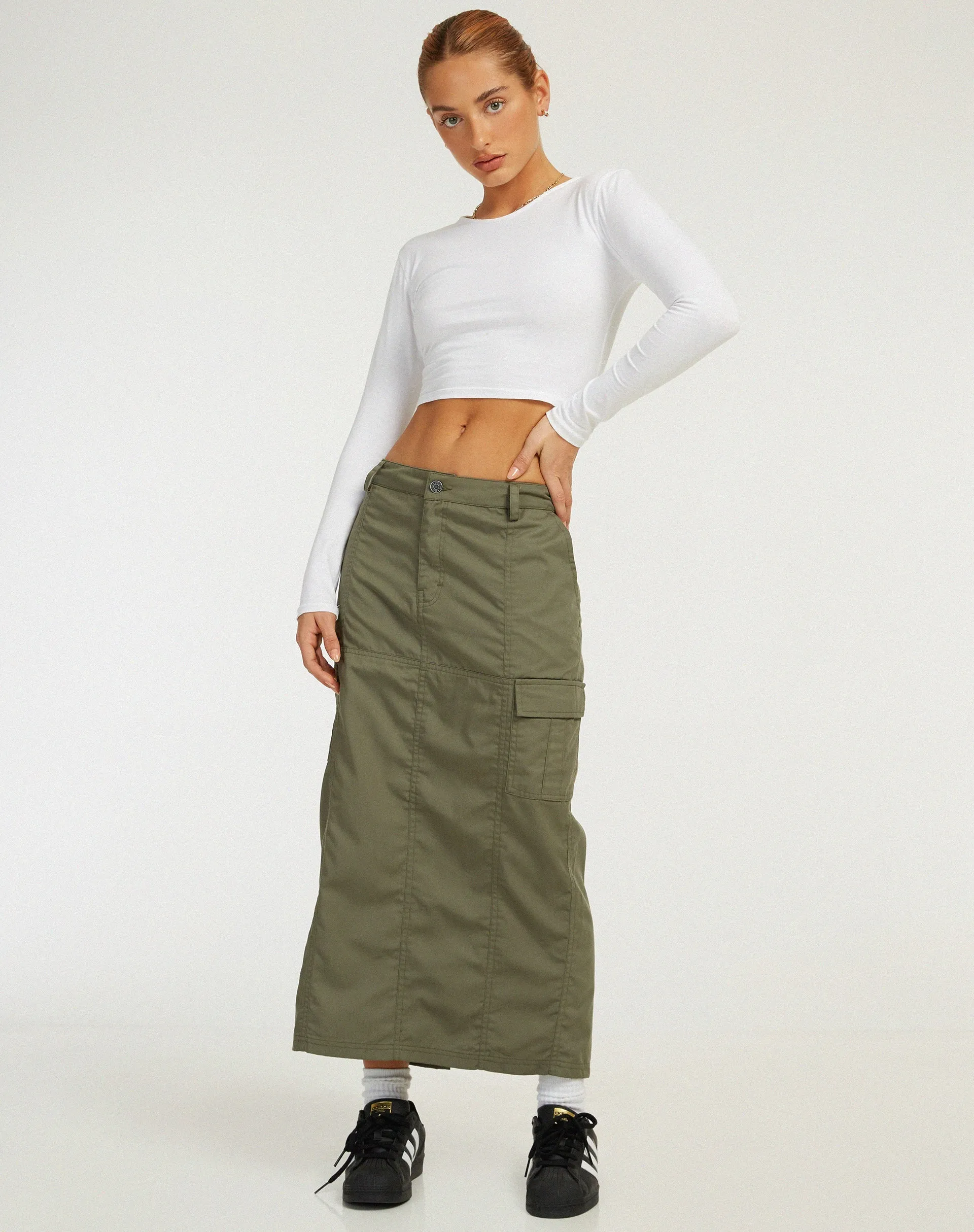 Widya Cargo Midi Skirt in Dark Olive