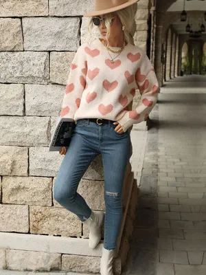 Women's Casual Heart Print Knit Jumper