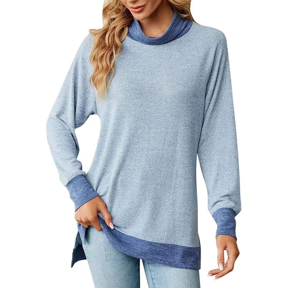 Womens Turtleneck Long Sleeve Slit T Shirt High Collar Loose Top